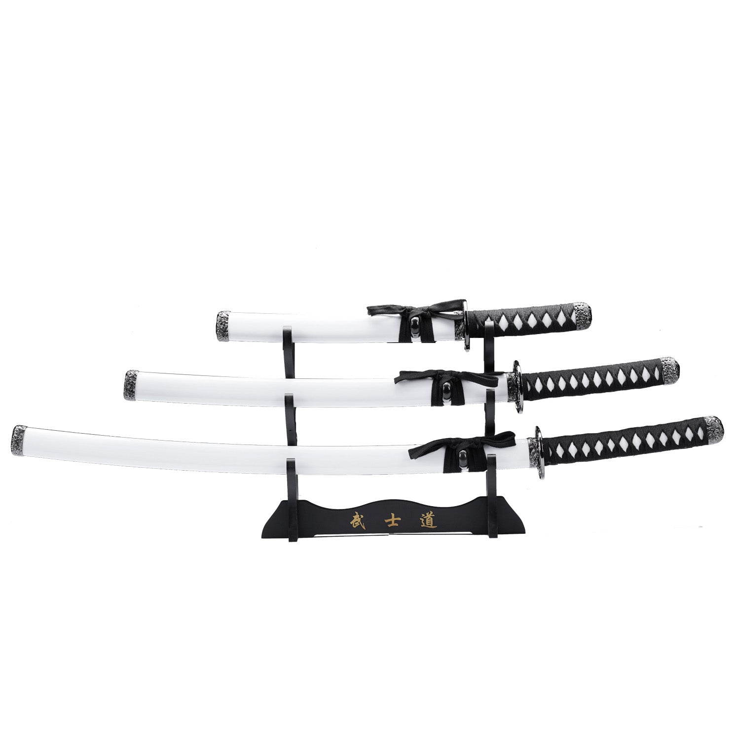 Set of three white samurai swords including katana, wakizashi, and tanto from Rex Distributor, Inc.