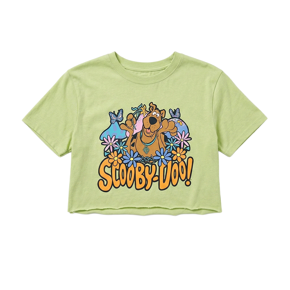 Women's Junior Scooby Doo crop top tee by Mad Engine featuring a colorful graphic of Scooby Doo.