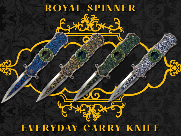Four knives with decorative handles on a dark background with 'Royal Spinner' branding.