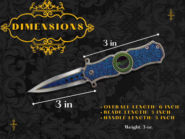 Decorative knife with blue blade and silver handle on a black background with gold text and measurements.