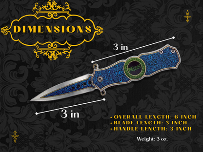 Decorative knife with blue blade and silver handle on a black background with gold text and measurements.