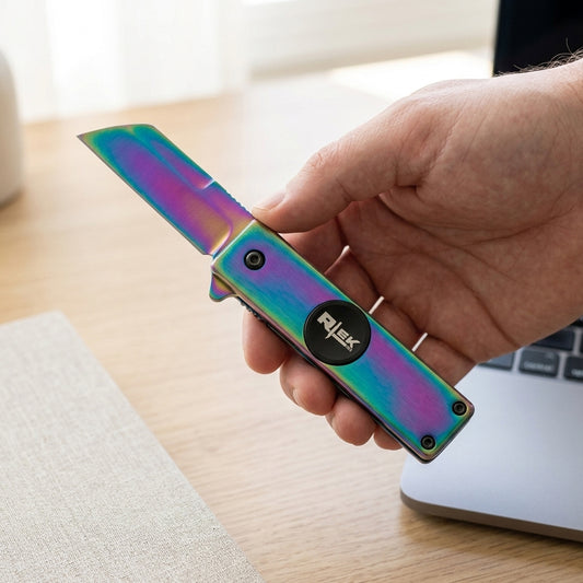 SPK 6841-RB 3.5" Rtek Titanium Rainbow Spinner Tanto Folding Knife Fidget Mult-Tool
