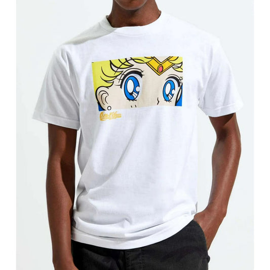Men's Sailor Moon Her Eyes graphic T-shirt by Rex Distributor, Inc., white shirt featuring anime-inspired eye design.