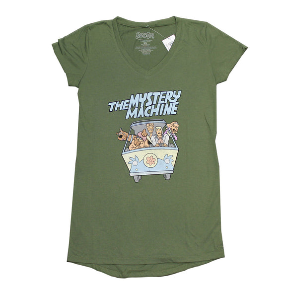 Women Junior's Green V-neck Scooby-Doo Mystery Machine Graphic Tee T-Shirt