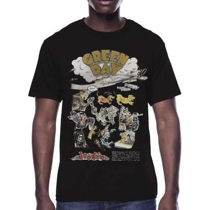 Men's green T-shirt featuring a graphic print inspired by Green Day's Dookie album, made by Mad Engine.