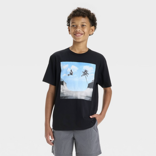 Boy's Short Sleeve Skatepark Palm Trees Graphic T-Shirt - Black