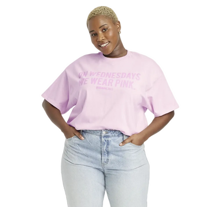 Women's pink short sleeve graphic t-shirt from Mad Engine featuring "On Wednesdays We Wear Pink" design inspired by Mean Girls.