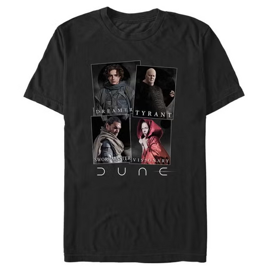 A black short-sleeve crewneck t-shirt featuring a graphic print of characters from the movie Dune: Part Two. The graphic shows four character panels with text reading 'DE BARRA TYRANT' and 'DUNE' printed below in white.