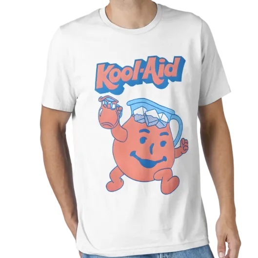 A man wearing a white Kool-Aid graphic t-shirt with the brand logo and character printed on the front, set against a plain light gray background. 