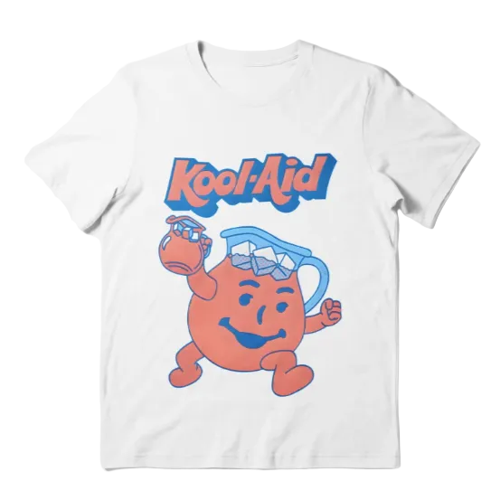 A white short-sleeve crewneck t-shirt featuring a retro graphic of the Kool-Aid character and the text 'Kool-Aid' in blue and orange, displayed on a clean white background.