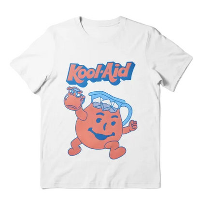 A white short-sleeve crewneck t-shirt featuring a retro graphic of the Kool-Aid character and the text 'Kool-Aid' in blue and orange, displayed on a clean white background.