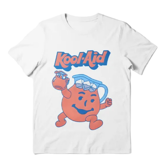 A white short-sleeve crewneck t-shirt featuring a retro graphic of the Kool-Aid character and the text 'Kool-Aid' in blue and orange, displayed on a clean white background.