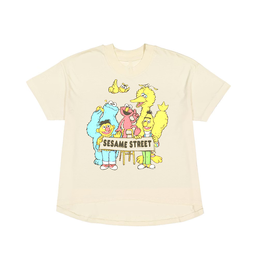 Women junior's Sesame Street distressed graphic tee by Bioworld, featuring a colorful Sesame Street design on soft cotton shirt.