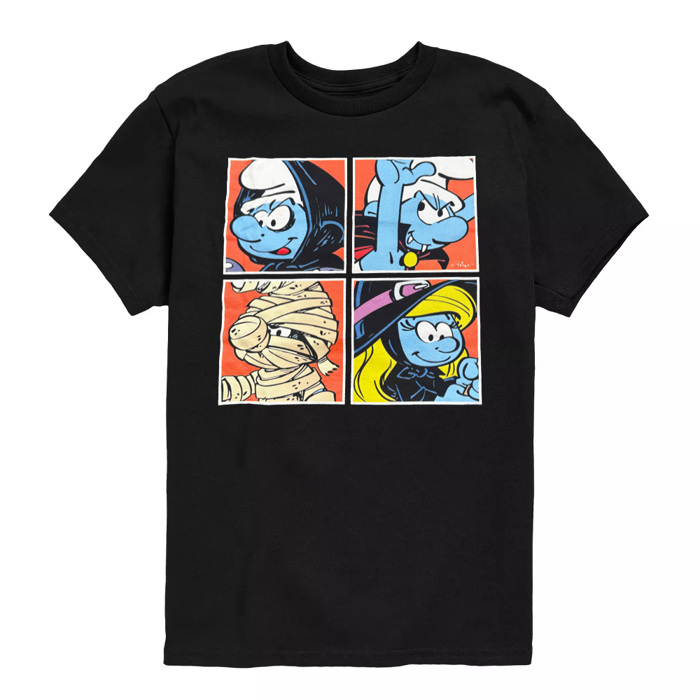Youth boy's Halloween Smurfs graphic T-shirt featuring colorful Smurfs characters on a Rex Distributor Inc. shirt.