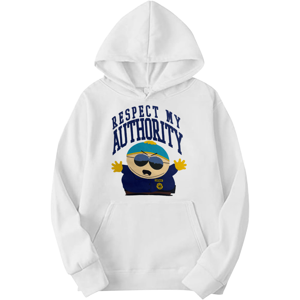 White men's South Park Respect My Authority graphic hoodie with a front print, available in various sizes from Rex Distributor, Inc.