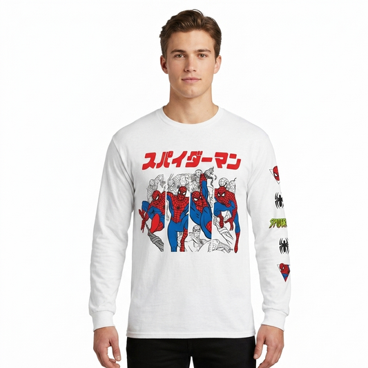 Men's White Marvel Spider-Man Japanese Graphic Long Sleeve Tee T-Shirt