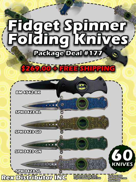 Fidget spinner folding knives with promotional text on a yellow background