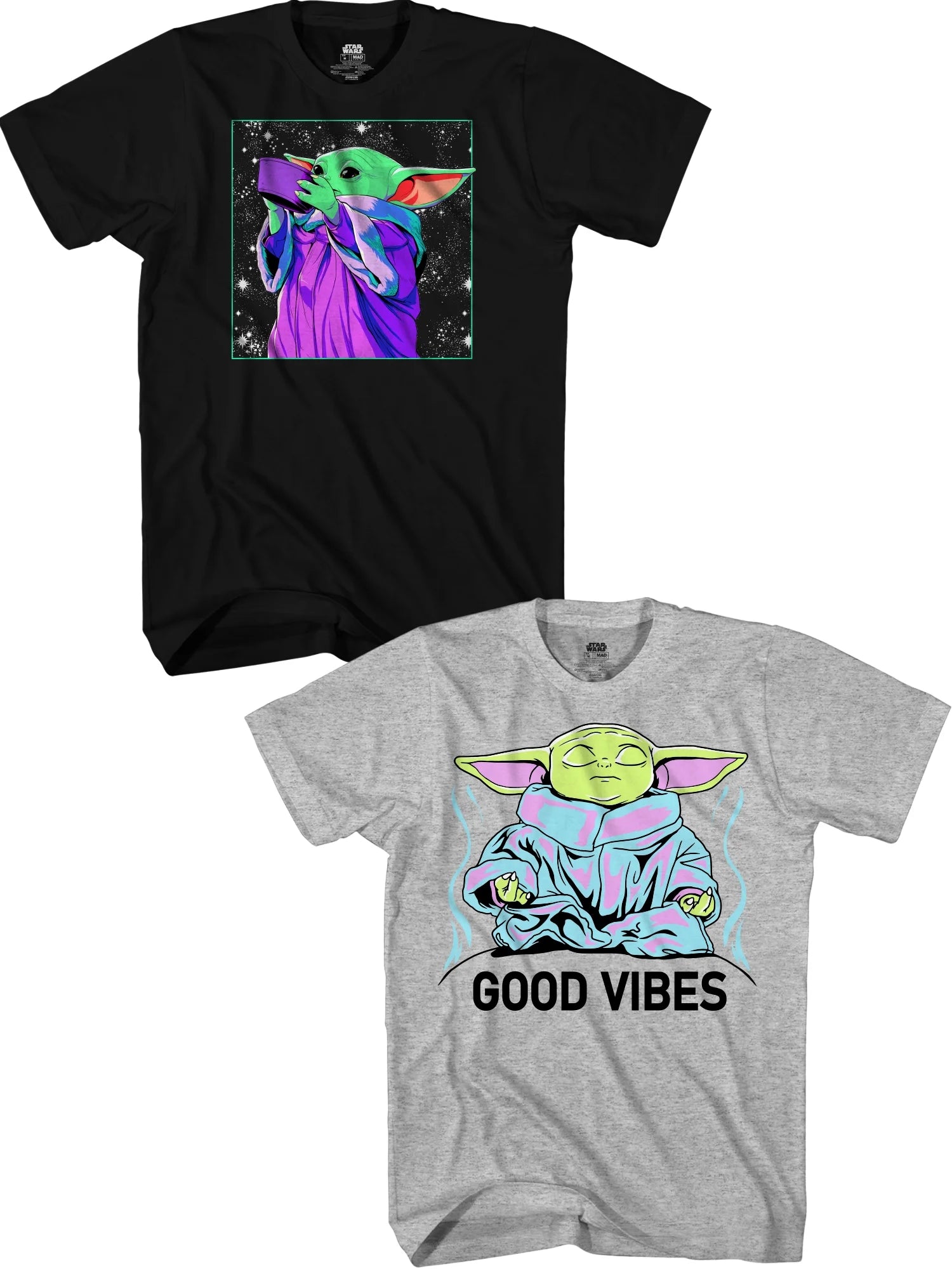 Black and gray t-shirts with 'Baby Yoda' graphic designs on a white background