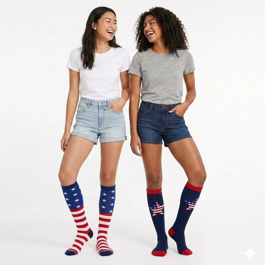 Pair of women's USA knee-high socks with stars and flag design by Bioworld, featuring patriotic red, white, and blue colors.