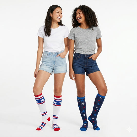 Pair of women's USA knee-high socks with stars and stripes pattern from Bioworld, size 4-10, featuring patriotic design.