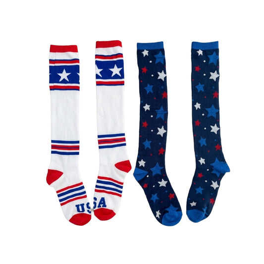 Pair of women's USA knee-high socks by Bioworld featuring stars and stripes design, size 4-10, in patriotic red, white, and blue.