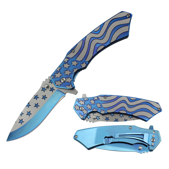 T 277289-BL 4.75″ Blue USA Flag Spring Assist Titanium Coated Frame Lock Folding Knife