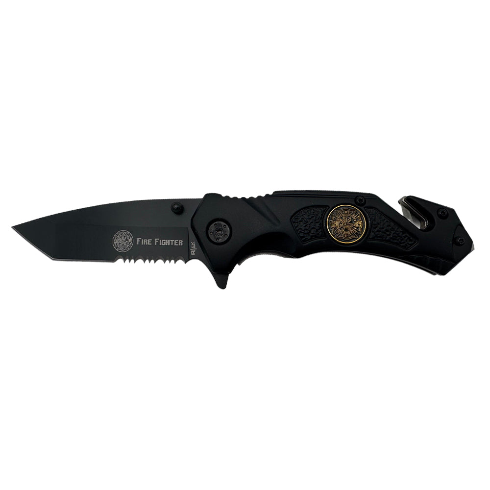 Rtek TD 941-FF 4.5-inch fire department assist-open rescue folding tactical knife with spring-assisted mechanism and black handle.