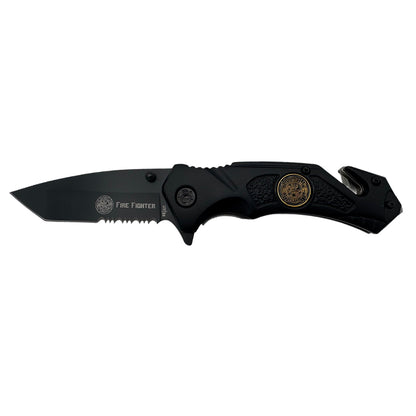 Rtek TD 941-FF 4.5-inch fire department assist-open rescue folding tactical knife with spring-assisted mechanism and black handle.