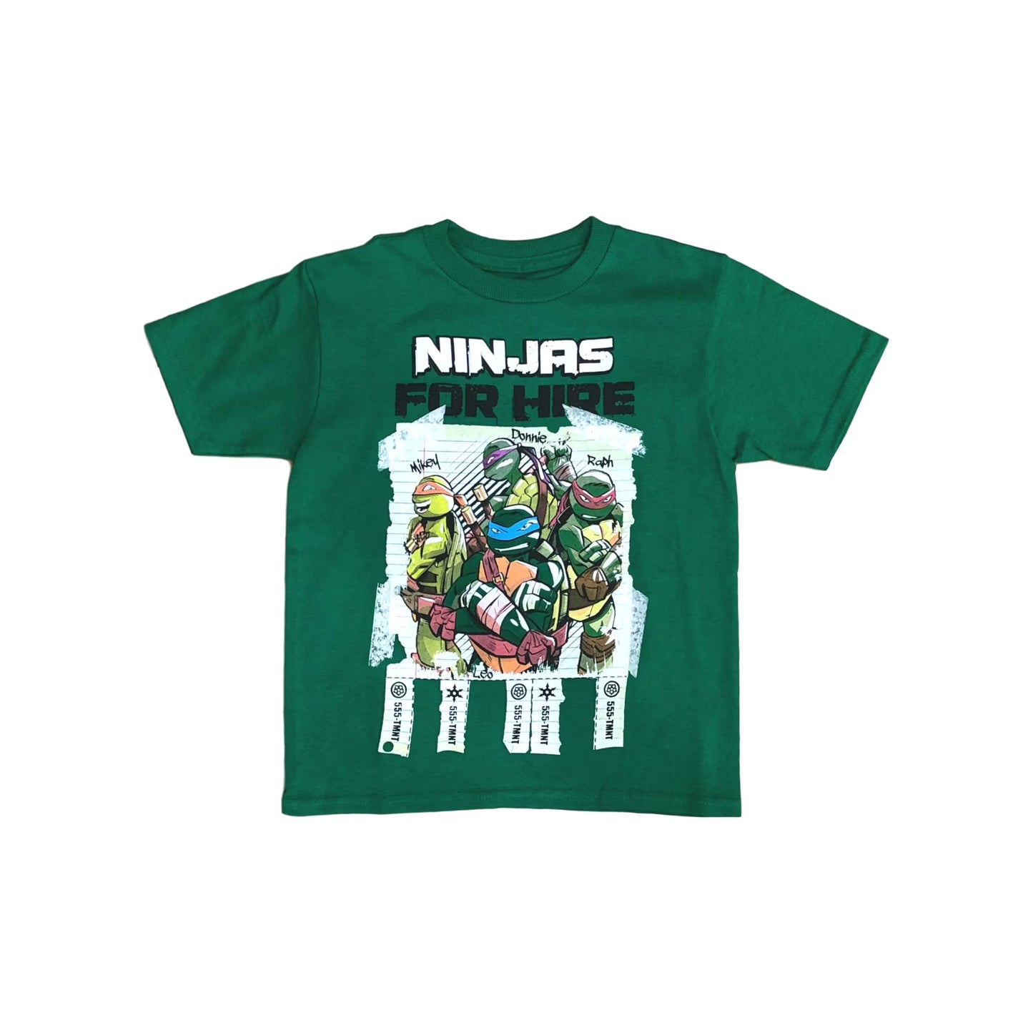 Green t-shirt with Ninja Turtles graphic and 'Ninjas for Hire' text on a white background
