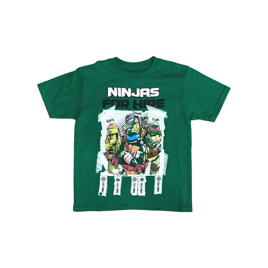 Green t-shirt with Ninja Turtles graphic and 'Ninjas for Hire' text on a white background
