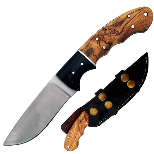 TT 102 5"Acrylic & Wood Handle Fixed Blade Hunting Knife with Leather Sheath