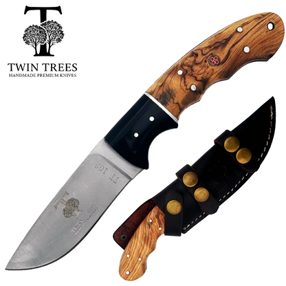 TT 102 5" Twin Trees Acrylic & Wood Handle Fixed Blade Hunting Knife with Leather Sheath