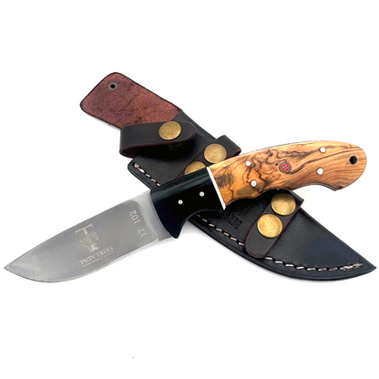 TT 102 5" Twin Trees Acrylic & Wood Handle Fixed Blade Hunting Knife with Leather Sheath