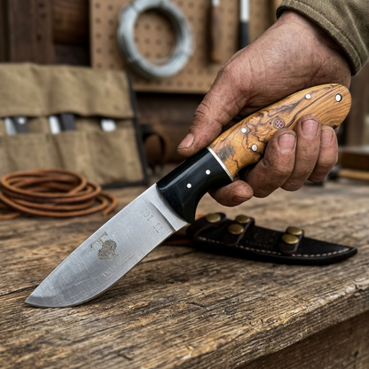 TT 102 5" Twin Trees Acrylic & Wood Handle Fixed Blade Hunting Knife with Leather Sheath