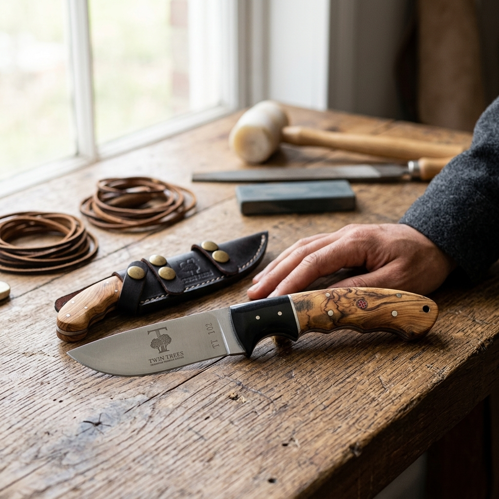 TT 102 5" Twin Trees Acrylic & Wood Handle Fixed Blade Hunting Knife with Leather Sheath