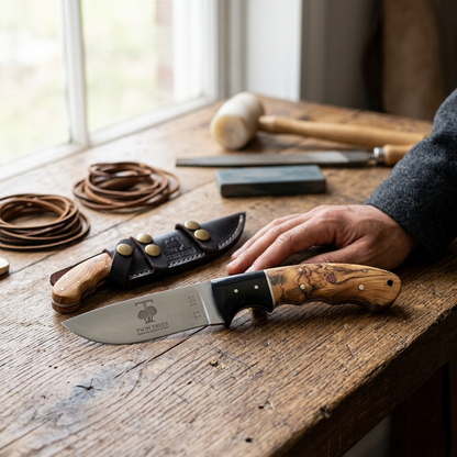 TT 102 5" Twin Trees Acrylic & Wood Handle Fixed Blade Hunting Knife with Leather Sheath