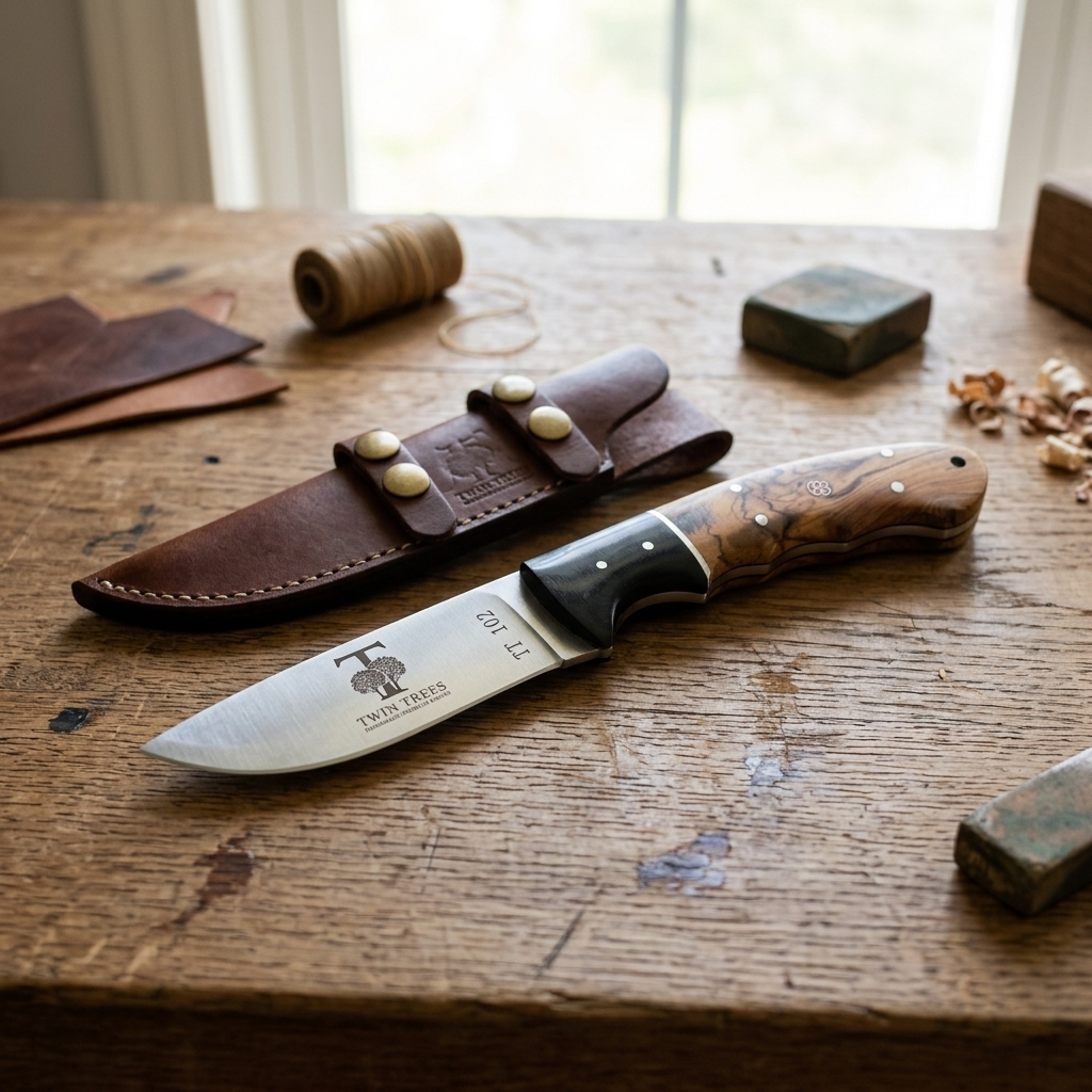 TT 102 5" Twin Trees Acrylic & Wood Handle Fixed Blade Hunting Knife with Leather Sheath
