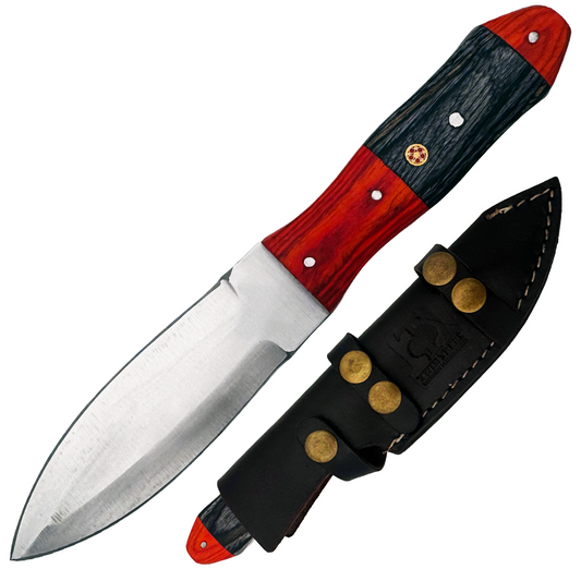 TT 103 4.25" Red & Black Wood Handle Fixed Blade Hunting Knife with Leather Sheath