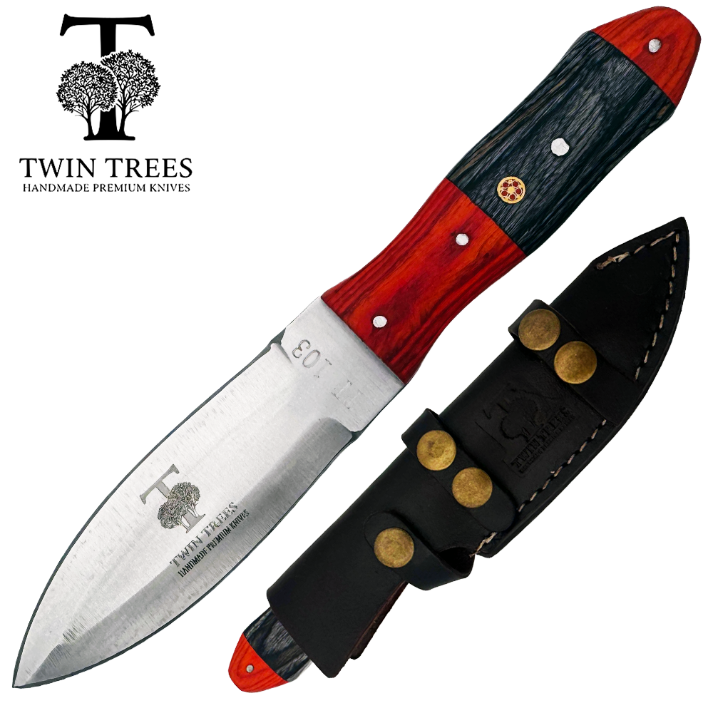 TT 103 4.25" Twin Trees Red & Black Wood Handle Fixed Blade Hunting Knife with Leather Sheath