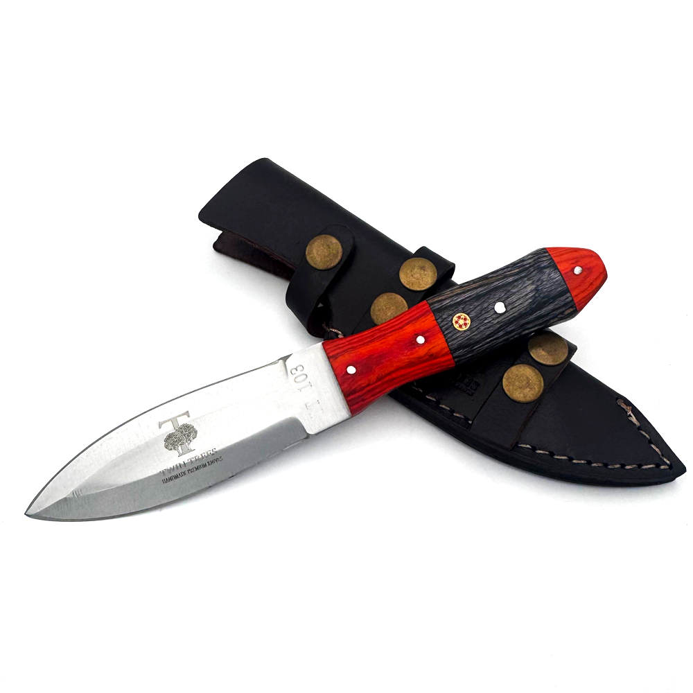 TT 103 4.25" Twin Trees Red & Black Wood Handle Fixed Blade Hunting Knife with Leather Sheath