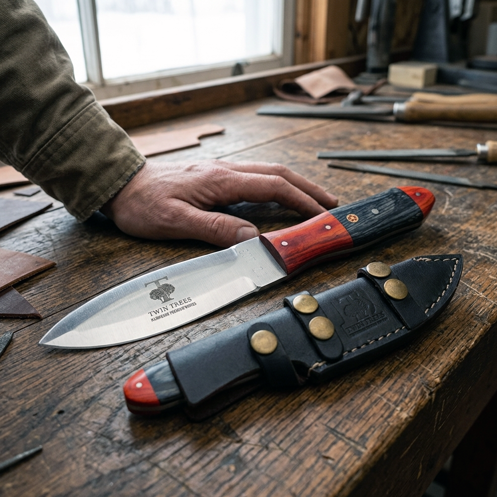 TT 103 4.25" Twin Trees Red & Black Wood Handle Fixed Blade Hunting Knife with Leather Sheath
