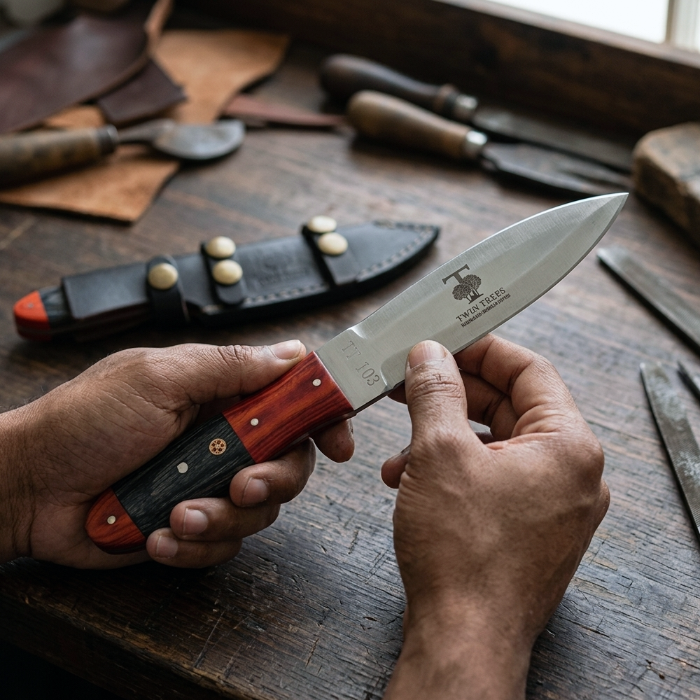 TT 103 4.25" Twin Trees Red & Black Wood Handle Fixed Blade Hunting Knife with Leather Sheath