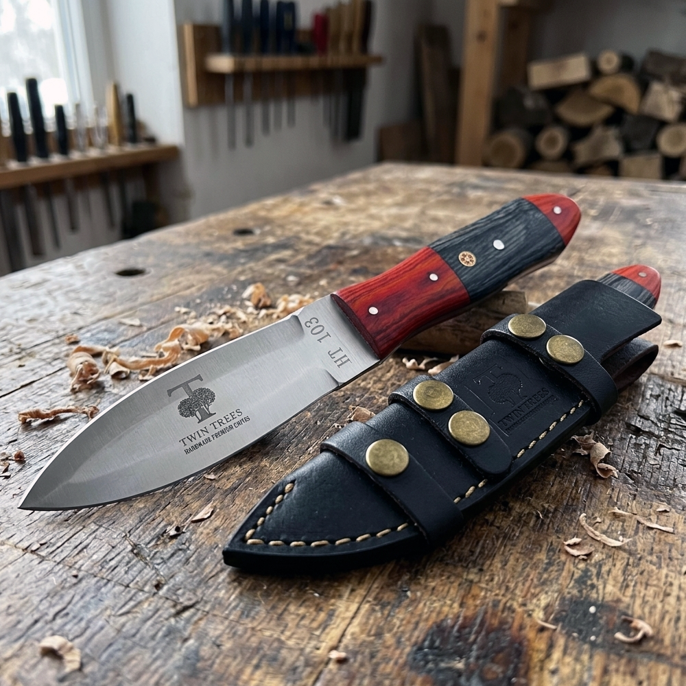 TT 103 4.25" Twin Trees Red & Black Wood Handle Fixed Blade Hunting Knife with Leather Sheath