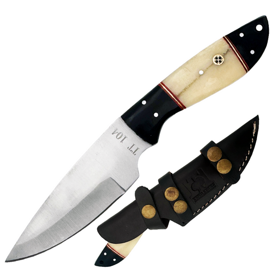 TT 104 4.5" White & Black Bone Handle Fixed Blade Hunting Knife with Leather Sheath