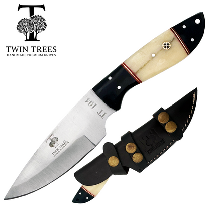 TT 104 4.5" Twin Trees White & Black Bone Handle Fixed Blade Hunting Knife with Leather Sheath
