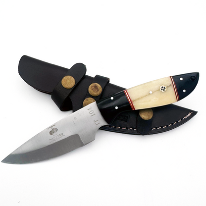 TT 104 4.5" Twin Trees White & Black Bone Handle Fixed Blade Hunting Knife with Leather Sheath