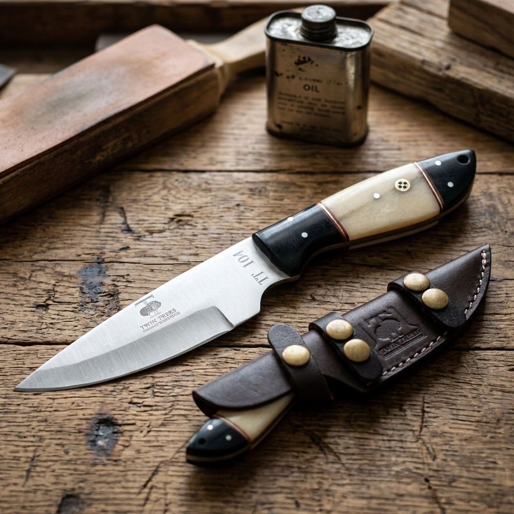 TT 104 4.5" Twin Trees White & Black Bone Handle Fixed Blade Hunting Knife with Leather Sheath