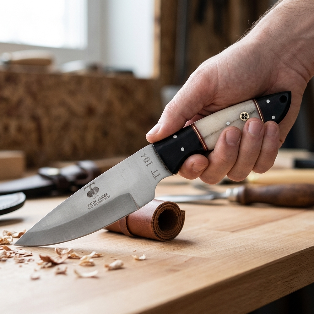 TT 104 4.5" Twin Trees White & Black Bone Handle Fixed Blade Hunting Knife with Leather Sheath