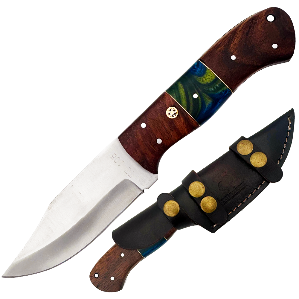 TT 105 4.75" Multicolor Wood & Acrylic Handle Fixed Blade Hunting Knife with Leather Sheath