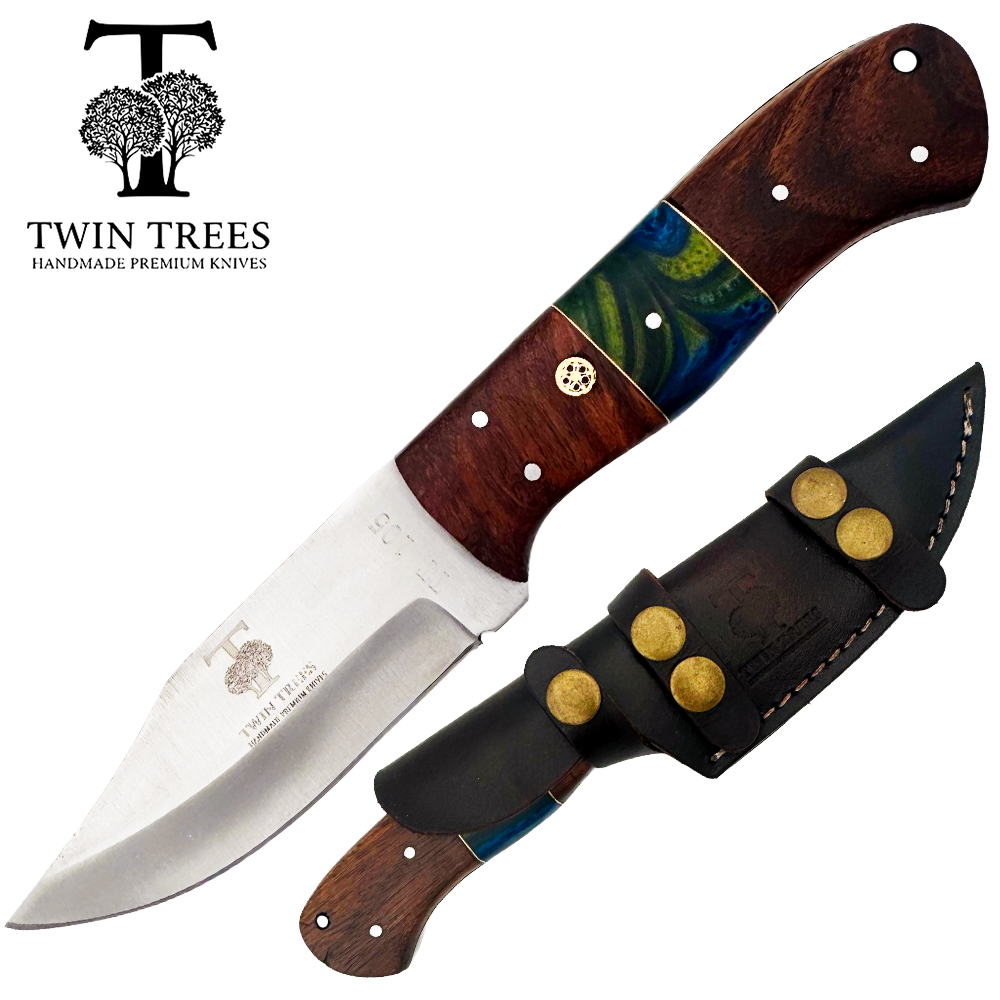 TT 105 4.75" Twin Trees Multicolor Wood & Acrylic Handle Fixed Blade Hunting Knife with Leather Sheath
